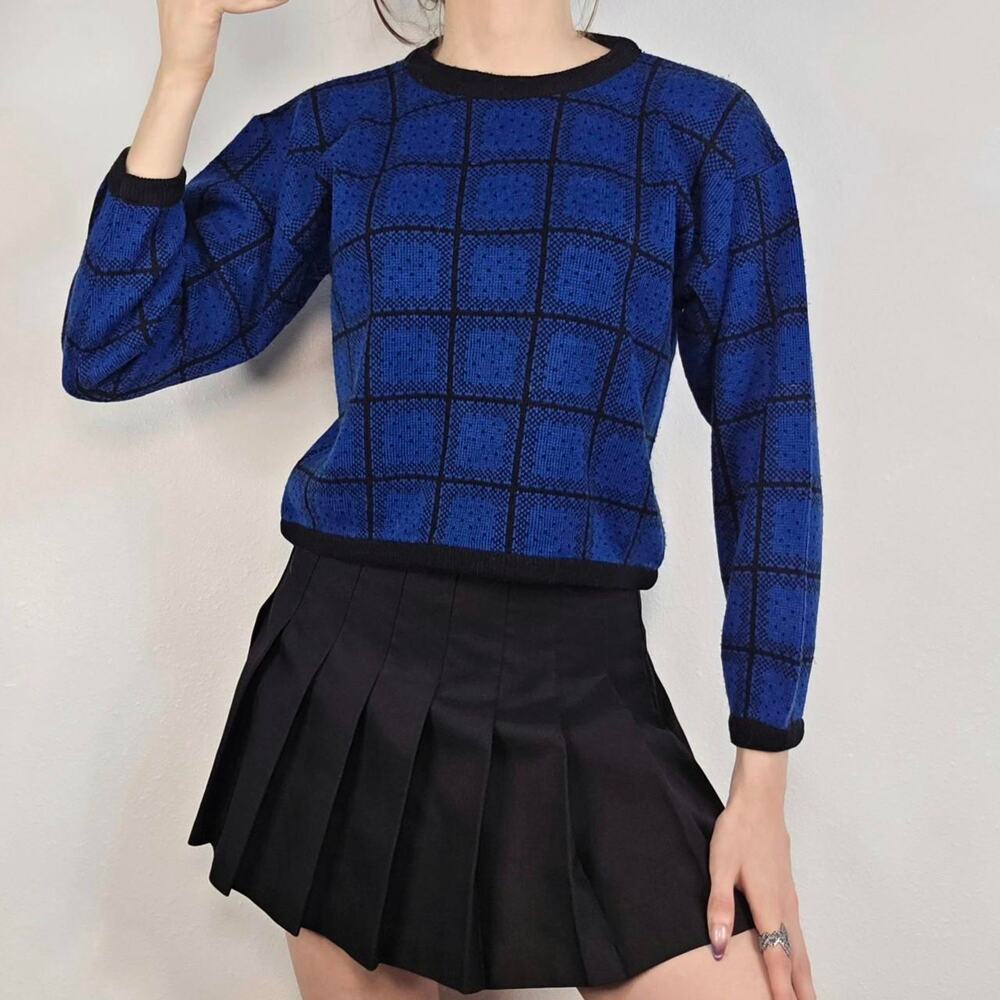 Vintage Sweater Blue Grid Cropped Crewneck Academia Preppy Mod Indie Size Medium